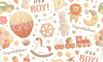 Baby shower seamless pattern with hand drawn cartoon toys. It's a boy. Vector illustration