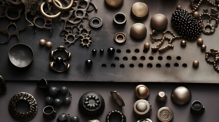 stylish mood board, metal, accessories, eyelets, rivets, buttons, chain, black, blister, technology, equipment, panel, silver, button, accessory for clothes