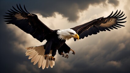 Obraz premium A majestic bald eagle soaring through the sky with its wings spread wide