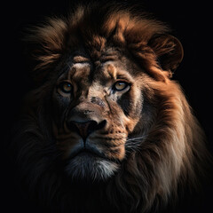 Fototapeta premium Lion Portrait on Black Background - Made with Generative AI