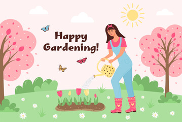 Female gardener watering tulips from a watering can on the meadow. Girl takes care of garden flowers. Happy gardening text. Spring, summer landscape background.