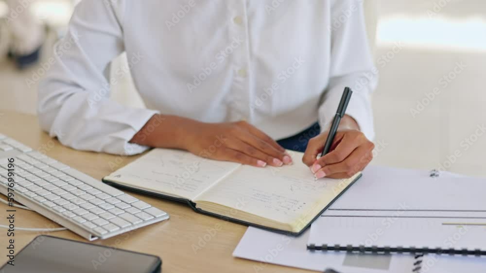 Poster writing, notebook and planning with hands of woman in office for strategy, idea and administration r