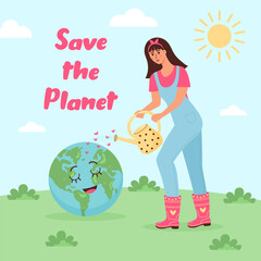 Woman watering little character planet Earth from a watering can. Save the planet text. The problem of fresh water, environmental protection, climate change, Earth day concept.