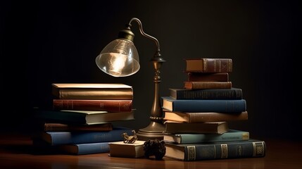 A stack of books with a reading lamp. AI generated