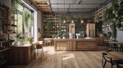 Plakat Coffee shop interior decorated with wood and natural plant design