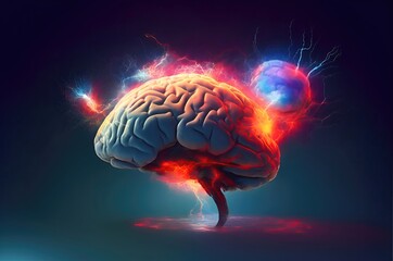 A brain that is exploding with ideas and colors on dark background.