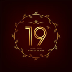 19th anniversary logo with golden number for celebration event, invitation, wedding, greeting card, banner, poster, flyer, book cover. Vector design