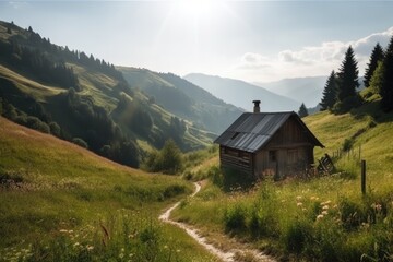 Swiss mountain summer landscape with traditional cottage village, ai generative