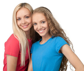 Portrait of Two Smiling Girlfriends , Sisters