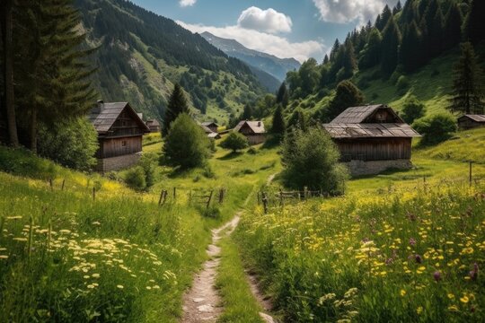 Swiss mountain summer landscape with traditional cottage village, ai generative