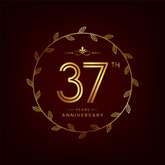 37th anniversary logo with golden number for celebration event, invitation, wedding, greeting card, banner, poster, flyer, book cover. Vector design