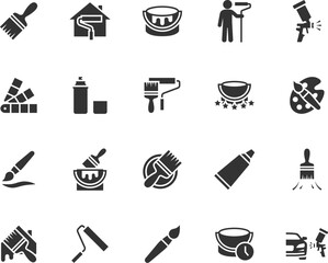 Vector set of paint flat icons. Contains icons paint brush, painter, house painting, spray can, paint can, color palette, paint roller and more. Pixel perfect.