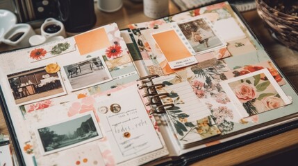 Scrapbook with photos and stickers. AI generated