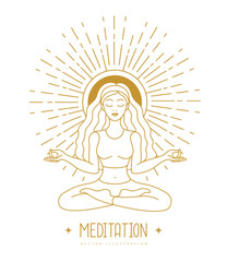 Young Woman meditation in lotus position at the sun dawn. Sun astrology sign. Vector illustration