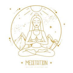 Young Woman meditation in lotus position in the mountains with starry sky. Vector illustration