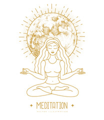 Young Woman meditation in lotus position with full moon. Moon astrology sign. Vector illustration