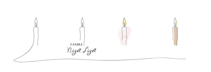 Wax burning candles in different variations. One continuous line drawing of candle lit.