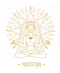 Fototapeta na wymiar Young Woman meditation in lotus position at the sun dawn. Sun astrology sign. Vector illustration