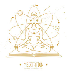 Young woman meditation in lotus position on outer space background. Vector illustration
