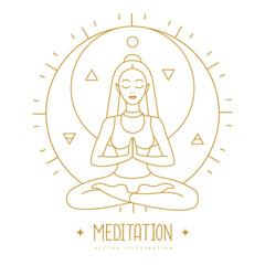 Young Woman meditation in lotus position in the rays of the rising sun. Sun and moon astrology sign. Vector illustration