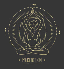 Young Woman meditation in lotus position in the rays of the rising sun. Sun astrology sign. Vector illustration