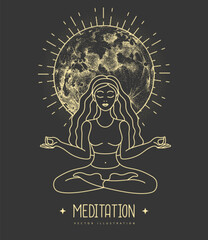 Young Woman meditation in lotus position with full moon. Moon astrology sign. Vector illustration