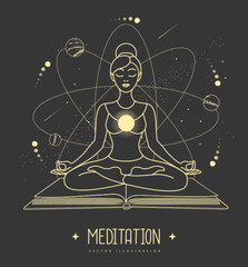 Young woman meditation in lotus position on outer space background. Vector illustration