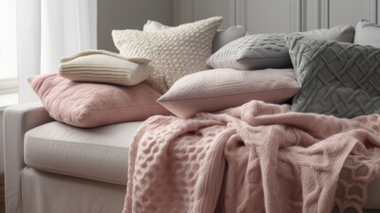 Fototapeta na wymiar Soft blankets and pillows in light pastel colors. AI generated