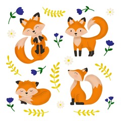 Naklejka premium Set of cute foxes with flowers. Illustration of forest animals