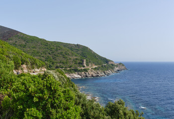 Fototapeta na wymiar Torra di l'Osse, a beautiful Genoese tower on the island of Corsica. Cape Corse, France.