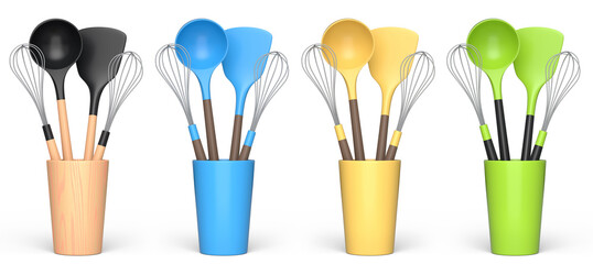Silicon kitchen utensils, tools and equipment in holder on white background.