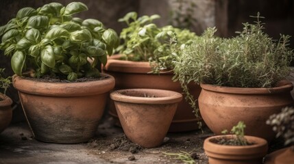 Variety of herbs in clay pots. AI generated