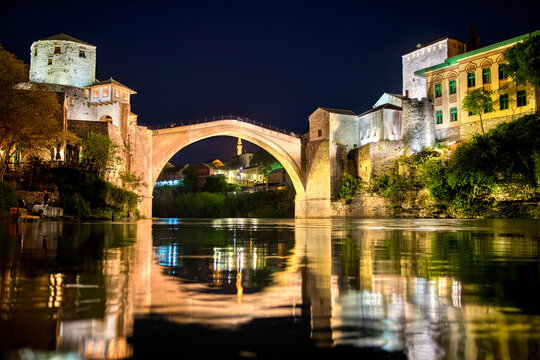 Night Shot of the Famous Old Bridge (Stari Most) Crossing the River Neretva in Mostar, Bosnia and Herzegovina