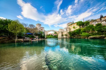 Foto op Plexiglas Stari Most The Famous Old Bridge (Stari Most) Crossing the River Neretva in Mostar, Bosnia and Herzegovina