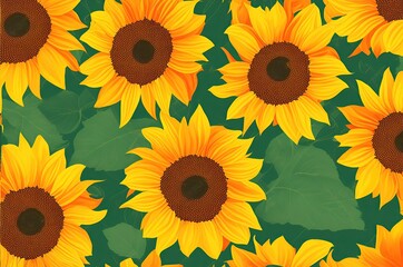 Beautiful sunflowers in vintage style with leaves close-up as a background.
