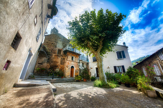 The Small Square Piazza Paulaccia in the Beautiful Village of Vescovato, Corsica