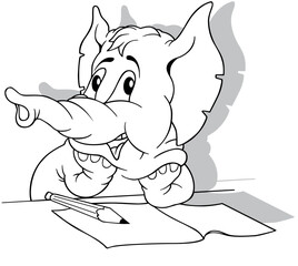Drawing of a Elephant at a Desk with a Pencil and Paper