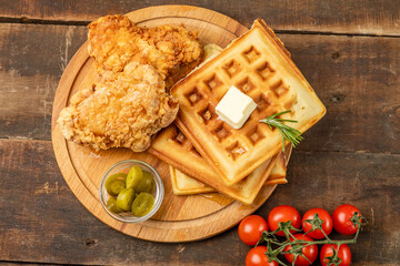 Deep-fried chicken and waffles are a classic dish. View from above. Wooden background.