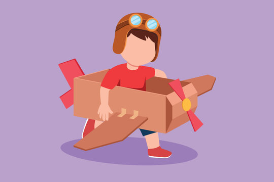 recommend clip art: Graphic flat design drawing creative little boy playing as pilot with cardboard airplane. Happy kids riding handmade airplane. Plane game for children at playground. Cartoon style vector illustration