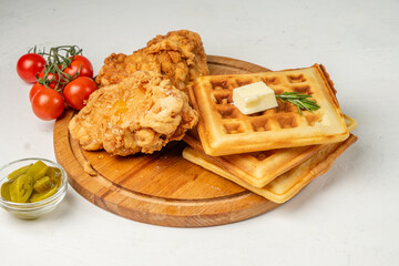 Fried chicken pieces and waffles on a light background.