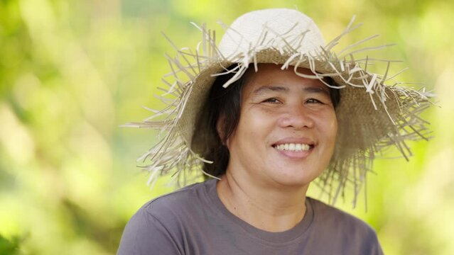 Authentic Portrait of Cheerful Asian Woman Farmer,  Traditional Hat, Hardworking