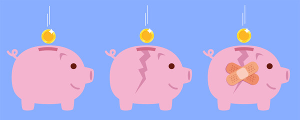 Piggy bank icon. Vector isolated pig explosion sign. Piggy bank with falling coins, broken piggy bank with money, taped repaired pink piggy bank. Vector illustration eps10.
