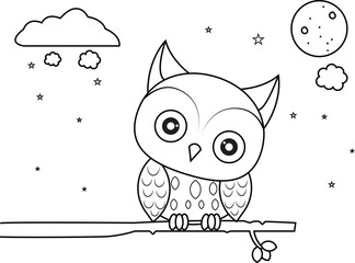 Cute Owl In The Bunch With Moon In Background Coloring Page Vector Illustration