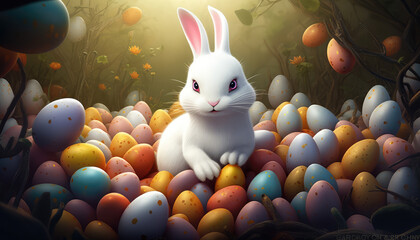 a white bunny peeking out of a cluster of eggs, generative AI