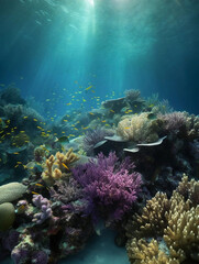 Fototapeta premium Discover the Wonders of the Deep: A Colorful Underwater World with Reef Fish and Whales. Generative AI
