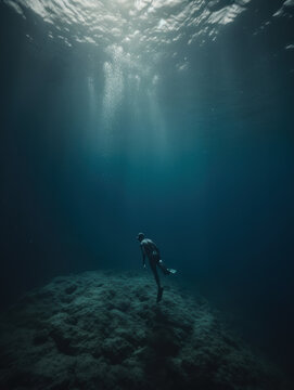 Free diver in the sea with rays of sunlight shining through to the bottom, generative ai