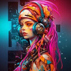 ai generative girl with headphones and future technology background. colorful illustration of sifi lady portrait.