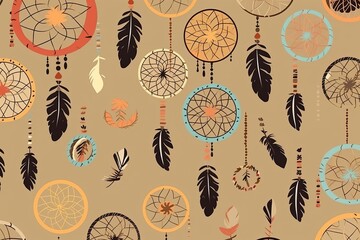 simple seamless vector pattern with boho dreamcatchers and feather with sandy brown background. flat style, seamless background with flowers, seamless pattern with feathers, Generative AI