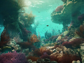Naklejka premium Discover the Wonders of the Deep: A Colorful Underwater World with Reef Fish and Whales. Generative AI