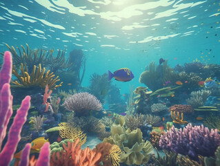 Fototapeta premium Discover the Wonders of the Deep: A Colorful Underwater World with Reef Fish and Whales. Generative AI